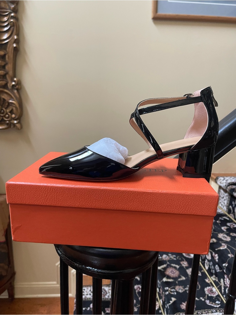 Black Patent Pointed Toe Double Ankle Strap Block Heel size 9.5 NIB
